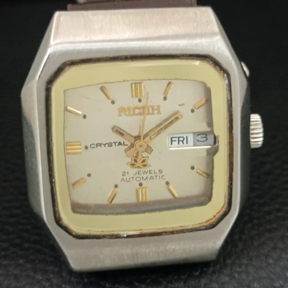 Vintage 1979 Ricoh Automatic Mens Silver Watch W/daydate & Gold accents